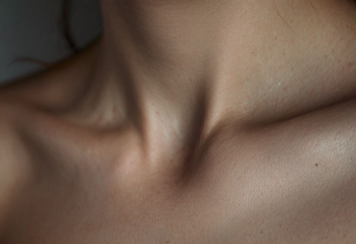 Extreme close crop of the side of a neck meeting a collarbone in cool light