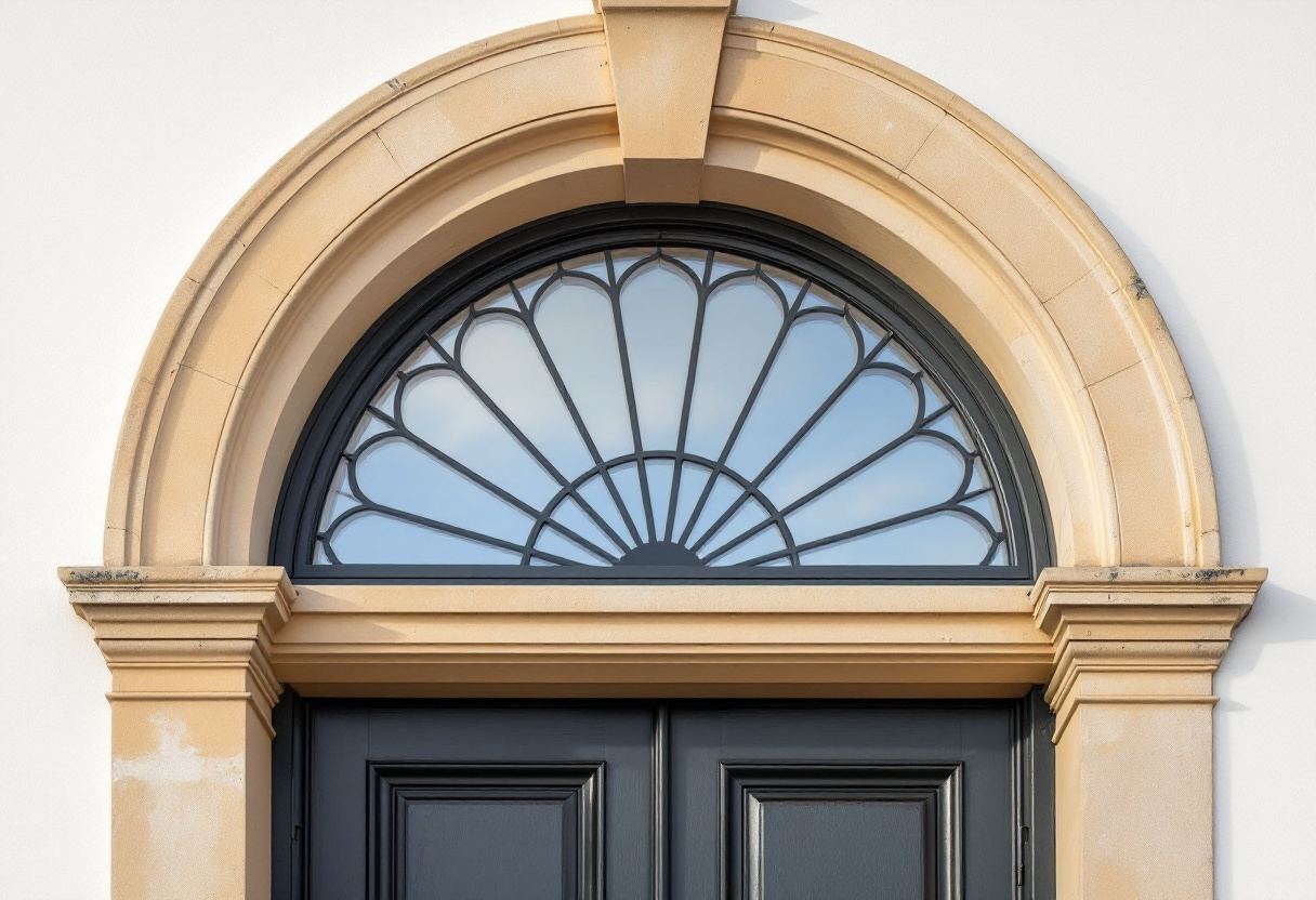 Semicircular fanlight with thin radiating bars against pale sky