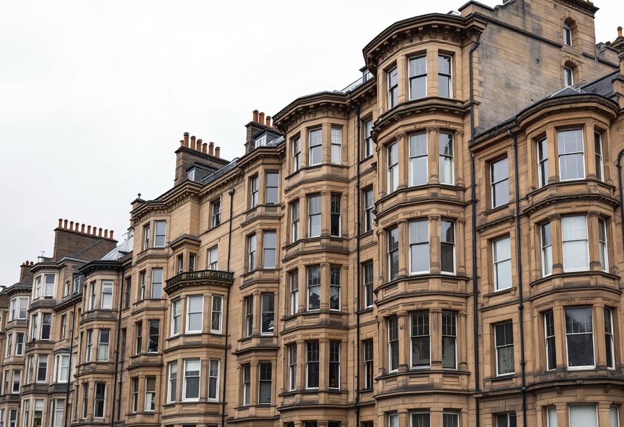 Blonde sandstone tenement bay windows in flat Glasgow daylight